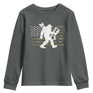 Bow Hunting Archer Bigfoot Youth Sweatshirt Sasquatch Camo US Flag Hunter Dad TS10 Dark Heather Print Your Wear
