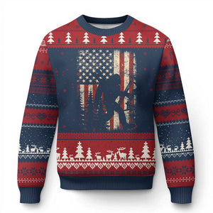 Bow Hunting Bigfoot America Flag Ugly Christmas Sweater Patriotic Sasquatch With Archer Hunter Dad TS10 Navy Red Print Your Wear