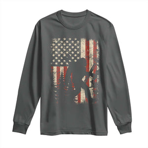 Bow Hunting Bigfoot America Flag Long Sleeve Shirt Patriotic Sasquatch With Archer Hunter Dad TS10 Dark Heather Print Your Wear