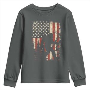 Bow Hunting Bigfoot America Flag Youth Sweatshirt Patriotic Sasquatch With Archer Hunter Dad TS10 Dark Heather Print Your Wear