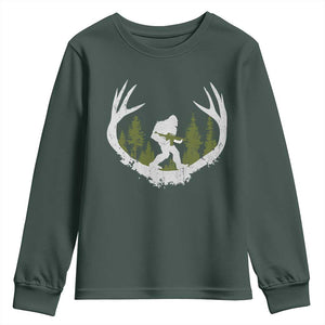 Bigfoot Gun Owner Youth Sweatshirt Retro Deer Hunting Sasquatch Hunter Dad TS10 Dark Forest Green Print Your Wear