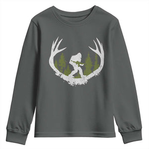Bigfoot Gun Owner Youth Sweatshirt Retro Deer Hunting Sasquatch Hunter Dad TS10 Dark Heather Print Your Wear