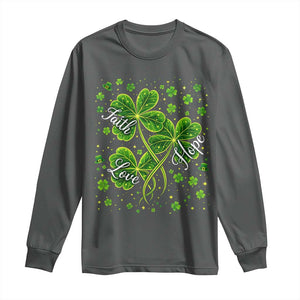 Four Leaf Clover Christian Long Sleeve Shirt Irish Lucky Shamrock Faith Hope Love Religious TS10 Dark Heather Print Your Wear