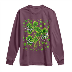 Four Leaf Clover Christian Long Sleeve Shirt Irish Lucky Shamrock Faith Hope Love Religious TS10 Maroon Print Your Wear