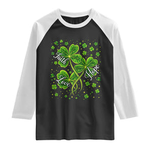 Four Leaf Clover Christian Raglan Shirt Irish Lucky Shamrock Faith Hope Love Religious TS10 Black White Print Your Wear