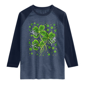 Four Leaf Clover Christian Raglan Shirt Irish Lucky Shamrock Faith Hope Love Religious TS10 Heather Denim Navy Print Your Wear