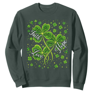 Four Leaf Clover Christian Sweatshirt Irish Lucky Shamrock Faith Hope Love Religious TS10 Dark Forest Green Print Your Wear
