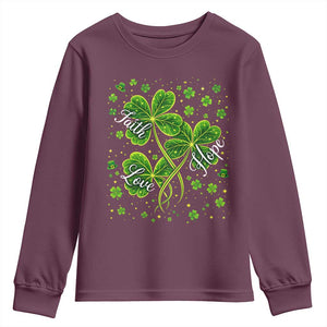 Four Leaf Clover Christian Youth Sweatshirt Irish Lucky Shamrock Faith Hope Love Religious TS10 Maroon Print Your Wear