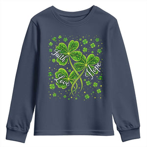 Four Leaf Clover Christian Youth Sweatshirt Irish Lucky Shamrock Faith Hope Love Religious TS10 Navy Print Your Wear