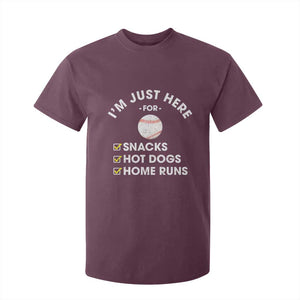 Funny Baseball Food Fans T Shirt For Kid Im Just Here for The Snacks Hot Dog TS10 Maroon Print Your Wear