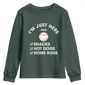 Funny Baseball Food Fans Youth Sweatshirt Im Just Here for The Snacks Hot Dog TS10 Dark Forest Green Print Your Wear
