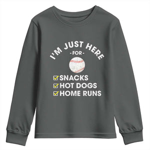 Funny Baseball Food Fans Youth Sweatshirt Im Just Here for The Snacks Hot Dog TS10 Dark Heather Print Your Wear