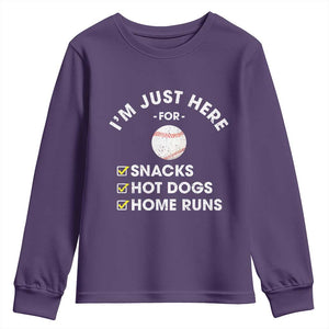 Funny Baseball Food Fans Youth Sweatshirt Im Just Here for The Snacks Hot Dog TS10 Purple Print Your Wear