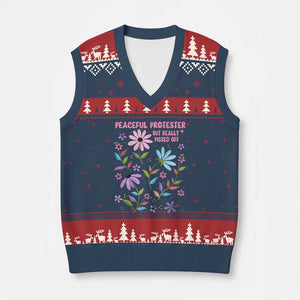 Feminist Protest V-Neck Knit Sweater Vest Peaceful But Pissed Off Floral Resist TS10 Navy Red Print Your Wear