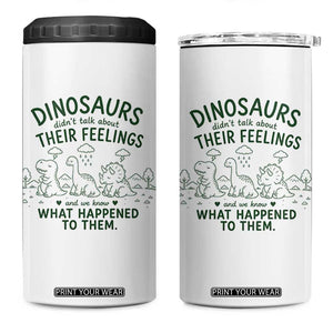 Funny Psychology Lover 4 in 1 Can Cooler Tumbler Dinosaurs Didnt Talk About Their Feelings Mental Health Therapist