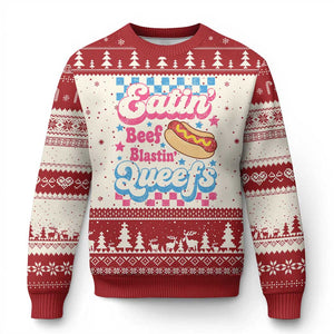 Hotdog Eatin Beef Blastin Queefs Inappropriate Ugly Christmas Sweater Retro Groovy Hotdog Meme Funny Cringe Offensive Humor