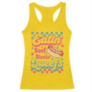Hotdog Eatin Beef Blastin Queefs Inappropriate Racerback Tank Top Retro Groovy Hotdog Meme Funny Cringe Offensive Humor