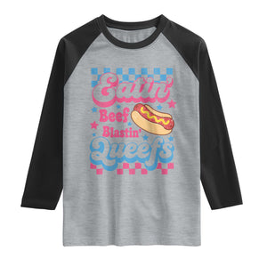 Hotdog Eatin Beef Blastin Queefs Inappropriate Raglan Shirt Retro Groovy Hotdog Meme Funny Cringe Offensive Humor
