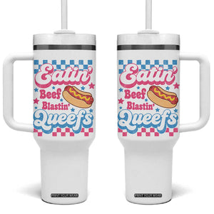 Hotdog Eatin Beef Blastin Queefs Inappropriate Tumbler With Handle Retro Groovy Hotdog Meme Funny Cringe Offensive Humor