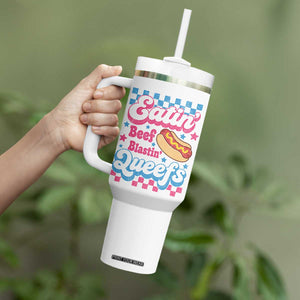 Hotdog Eatin Beef Blastin Queefs Inappropriate Tumbler With Handle Retro Groovy Hotdog Meme Funny Cringe Offensive Humor