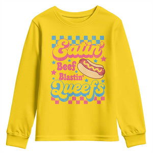 Hotdog Eatin Beef Blastin Queefs Inappropriate Youth Sweatshirt Retro Groovy Hotdog Meme Funny Cringe Offensive Humor