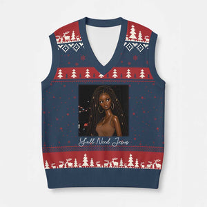 Need-Jesus Sarcastic Afro Doll Meme Funny Saying Christian V-Neck Knit Sweater Vest Black Girl African Pride TS10 Navy Red Print Your Wear