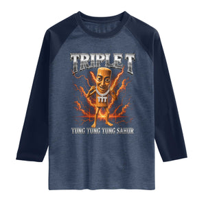 Triple T Tung Tung Tung Sahur Brainrot Meme Raglan Shirt TS10 Heather Denim Navy Print Your Wear