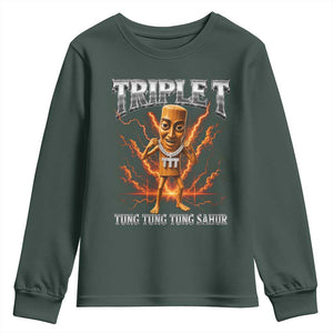 Triple T Tung Tung Tung Sahur Brainrot Meme Youth Sweatshirt TS10 Dark Forest Green Print Your Wear