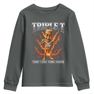 Triple T Tung Tung Tung Sahur Brainrot Meme Youth Sweatshirt TS10 Dark Heather Print Your Wear