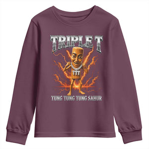 Triple T Tung Tung Tung Sahur Brainrot Meme Youth Sweatshirt TS10 Maroon Print Your Wear