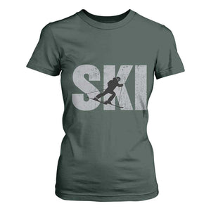 Cool Distressed Skiing T Shirt For Women for Skiers TS10 Dark Forest Green Print Your Wear