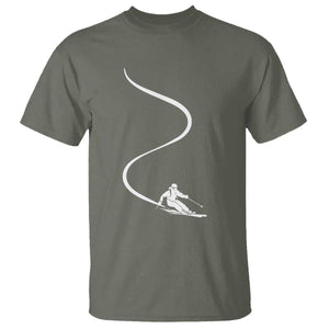 Skiing T Shirt Skier With Tracks In Deep Powder Snow Freeride Gift TS10 Military Green Print Your Wear