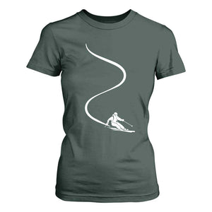 Skiing T Shirt For Women Skier With Tracks In Deep Powder Snow Freeride Gift TS10 Dark Forest Green Print Your Wear