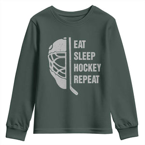 Ice Hockey Player Youth Sweatshirt Funny Eat Sleep Hockey Repeat Sport Fan TS10 Dark Forest Green Print Your Wear