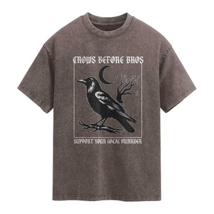Crows Before Bros Support Your Local Murder Washed Cotton T-Shirt Funny Crow Lovers