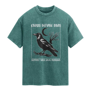 Crows Before Bros Support Your Local Murder Washed Cotton T-Shirt Funny Crow Lovers