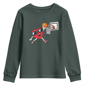Basketball Valentines Youth Sweatshirt Cute Red Heart Playing Basketball Player Team Boys TS10 Dark Forest Green Print Your Wear