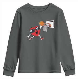 Basketball Valentines Youth Sweatshirt Cute Red Heart Playing Basketball Player Team Boys TS10 Dark Heather Print Your Wear