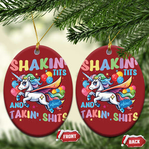 Shakin' Tits and Takin' Shits Christmas Ornament Naughty Funny Unhinged Unicorn TS10 Oval Red Print Your Wear