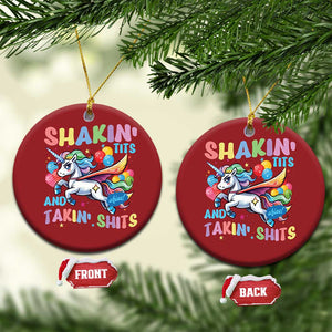 Shakin' Tits and Takin' Shits Christmas Ornament Naughty Funny Unhinged Unicorn TS10 Circle Red Print Your Wear
