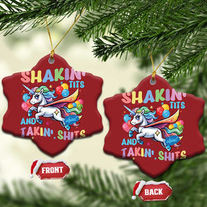 Shakin' Tits and Takin' Shits Christmas Ornament Naughty Funny Unhinged Unicorn TS10 Snow Flake Red Print Your Wear