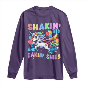 Shakin' Tits and Takin' Shits Long Sleeve Shirt Naughty Funny Unhinged Unicorn TS10 Purple Print Your Wear