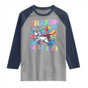 Shakin' Tits and Takin' Shits Raglan Shirt Naughty Funny Unhinged Unicorn TS10 Sport Gray Navy Print Your Wear
