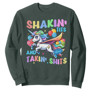 Shakin' Tits and Takin' Shits Sweatshirt Naughty Funny Unhinged Unicorn TS10 Dark Forest Green Print Your Wear