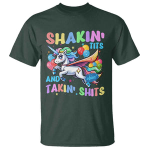 Shakin' Tits and Takin' Shits T Shirt Naughty Funny Unhinged Unicorn TS10 Dark Forest Green Print Your Wear