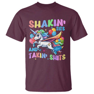 Shakin' Tits and Takin' Shits T Shirt Naughty Funny Unhinged Unicorn TS10 Maroon Print Your Wear
