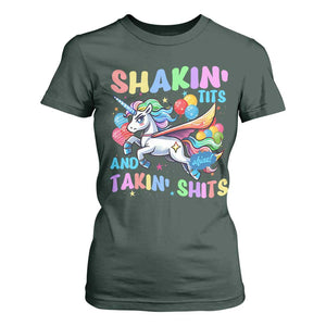 Shakin' Tits and Takin' Shits T Shirt For Women Naughty Funny Unhinged Unicorn TS10 Dark Forest Green Print Your Wear