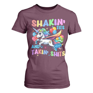 Shakin' Tits and Takin' Shits T Shirt For Women Naughty Funny Unhinged Unicorn TS10 Maroon Print Your Wear