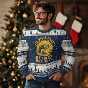Fishing Retirement Ugly Christmas Sweater O-Fish-Ally Retired 2025 For Fisherman TS10 Navy Beige Print Your Wear