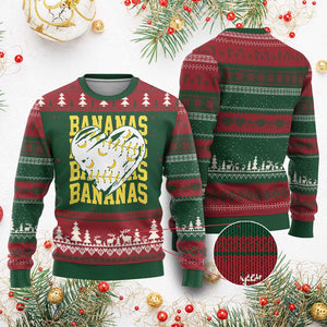 Retro Bananas Ugly Christmas Sweater Vintage Baseball Heart Graphic Game Day Gifts TS10 Red Green Print Your Wear